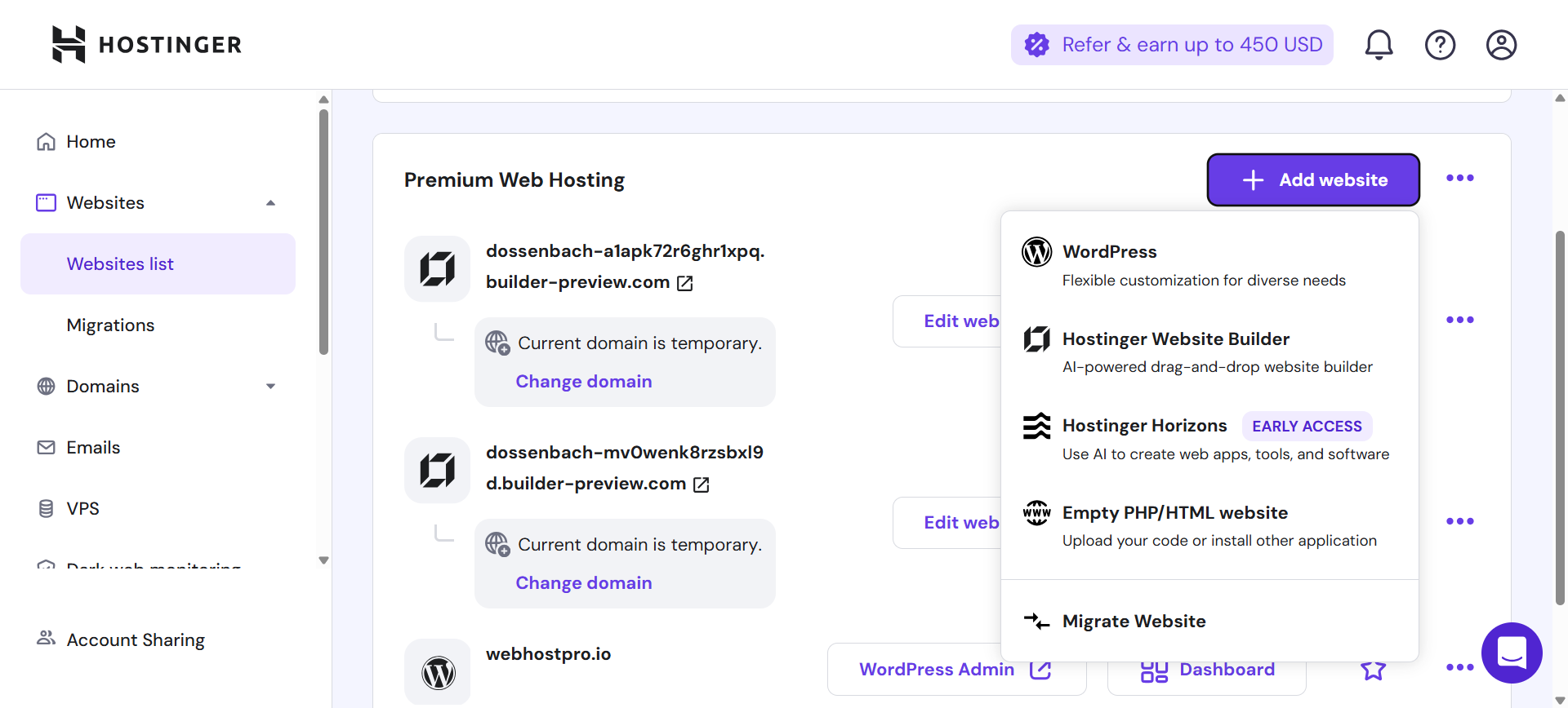 Hostinger's website-builder options
