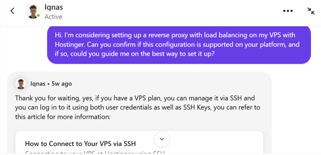 Hostinger livechat conversation