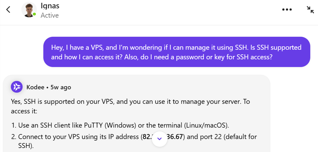 Hostinger livechat conversation