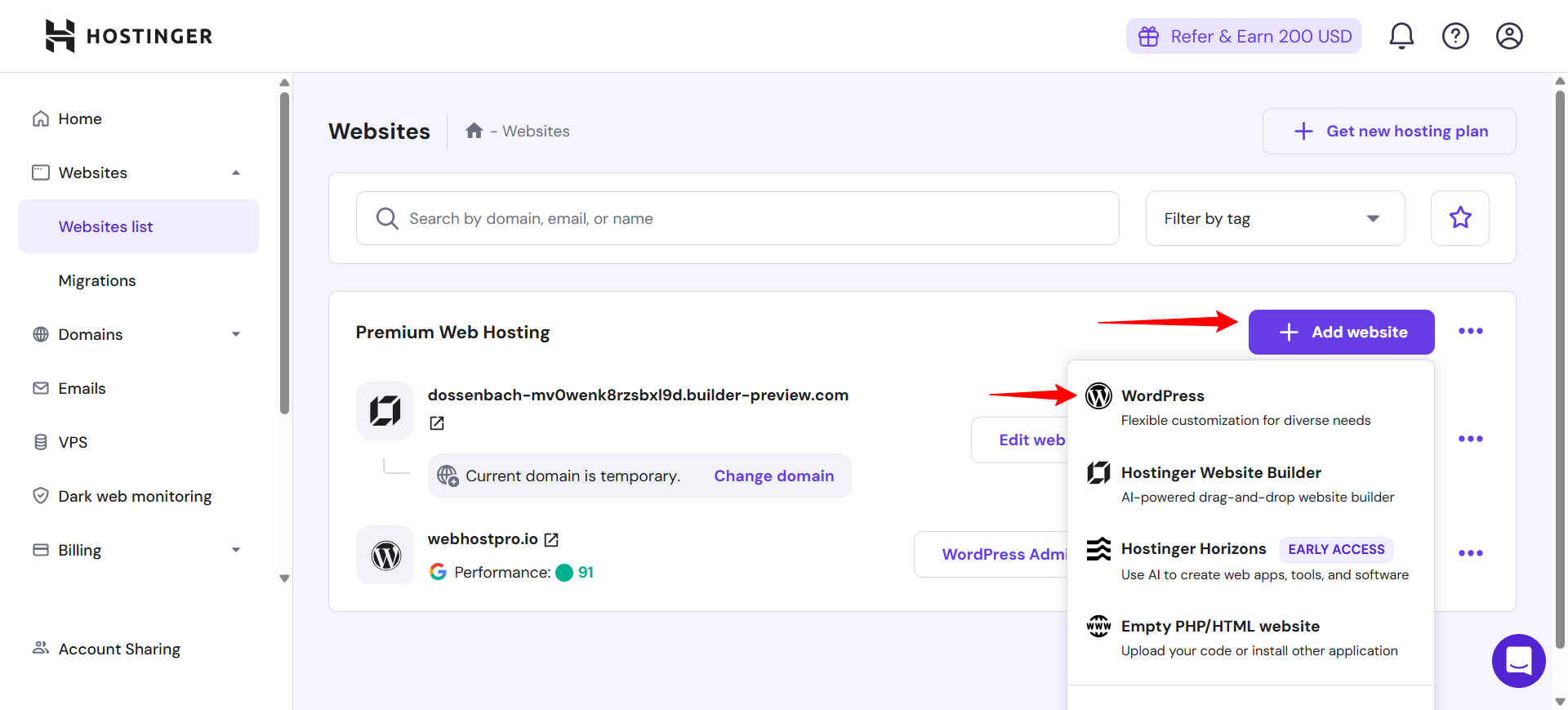 Hostinger WordPress button