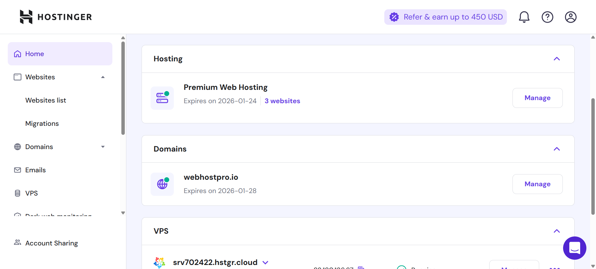 Hostinger dashboard