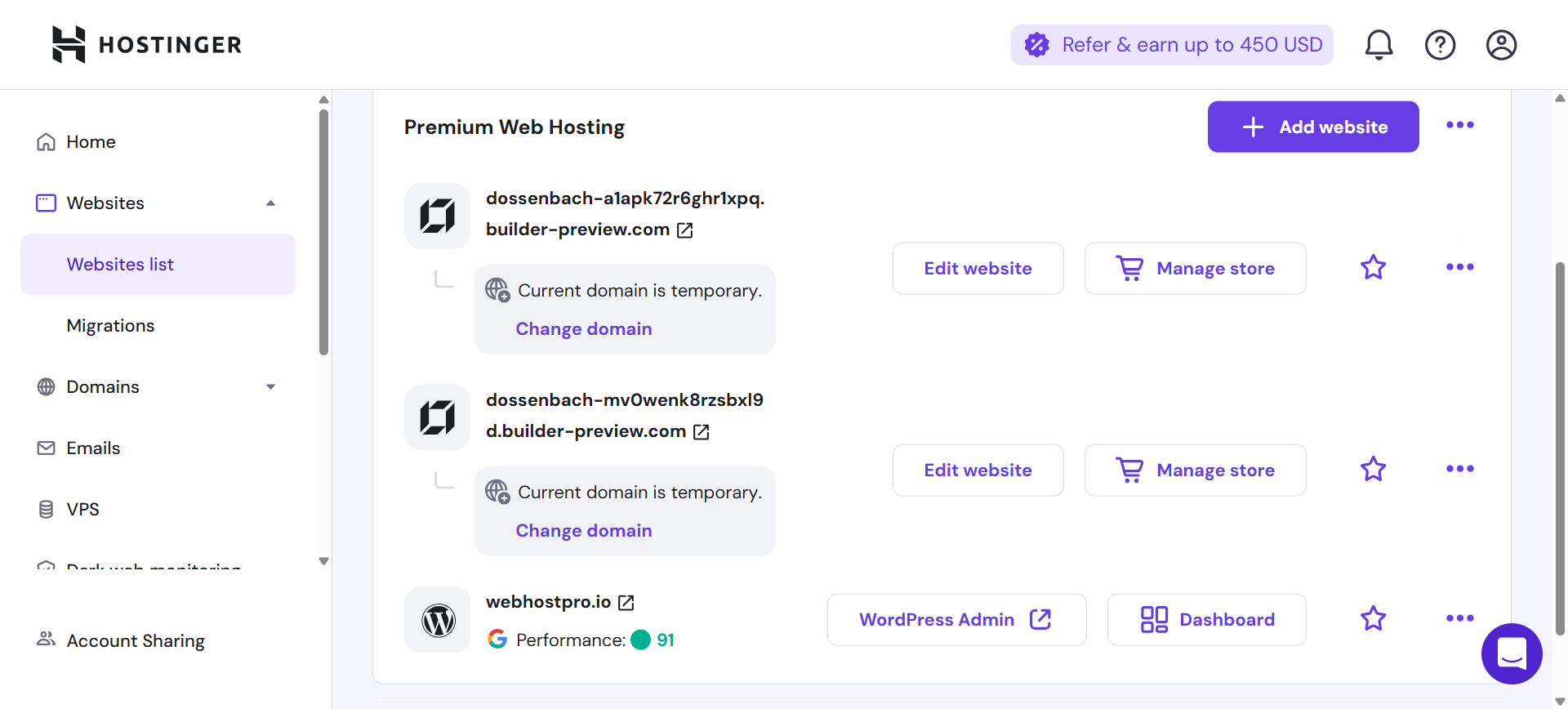 Hostinger Websites list