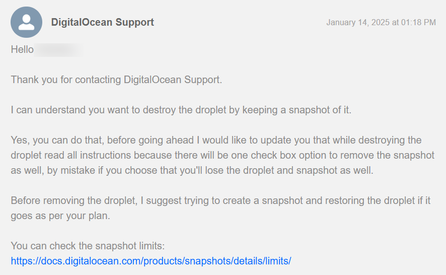 Digital Ocean Support ticket