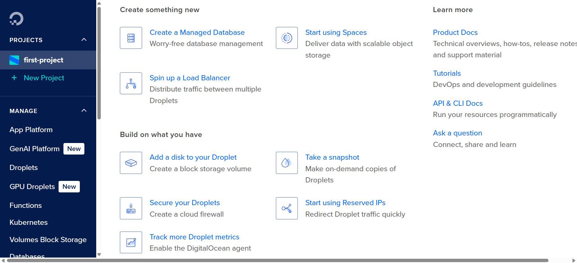 DigitalOcean's dashboard