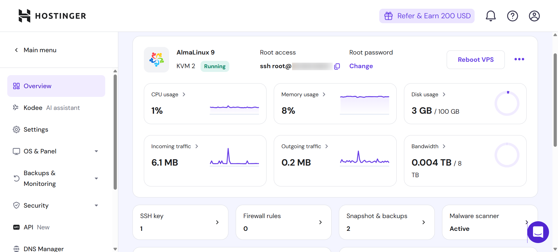 Hostinger's Dashboard overview