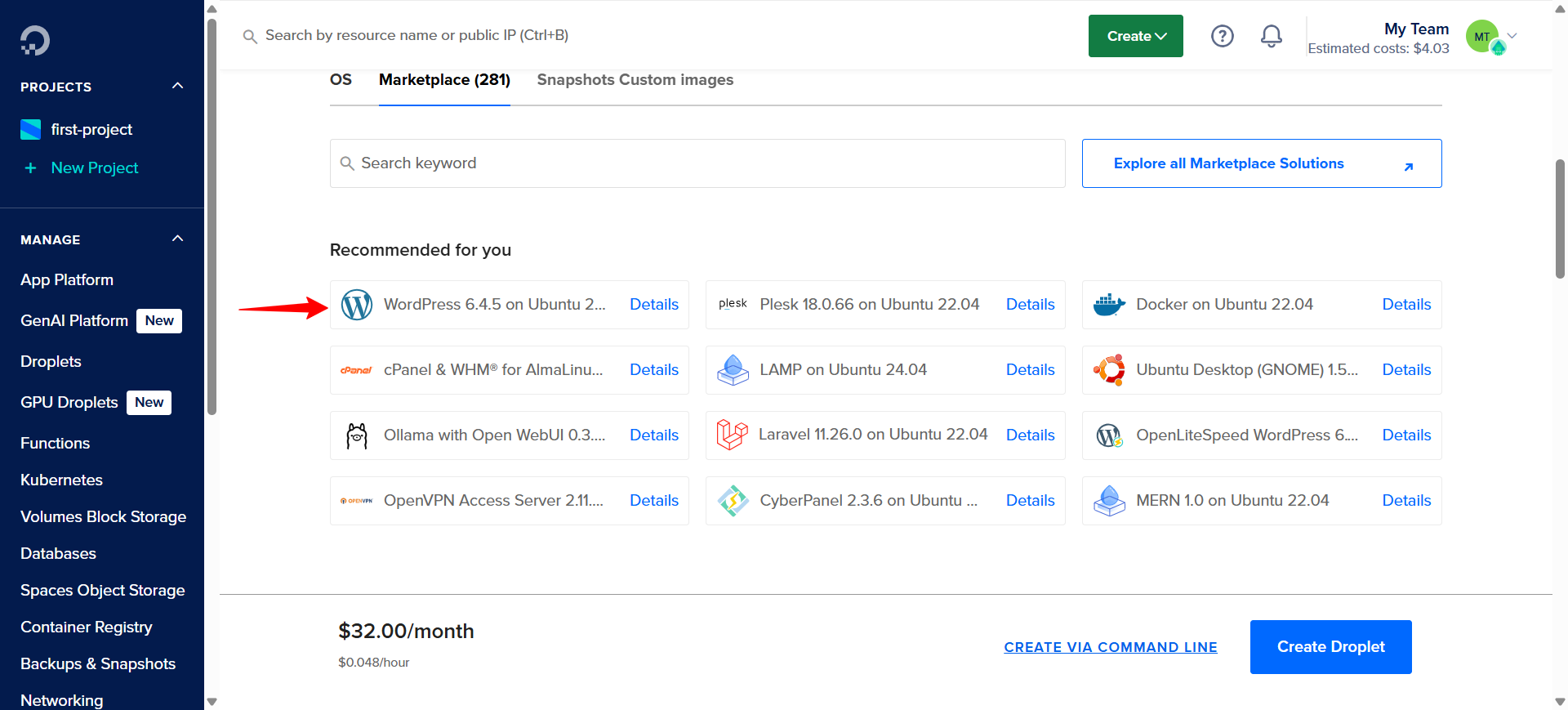 DigitalOcean's marketplace