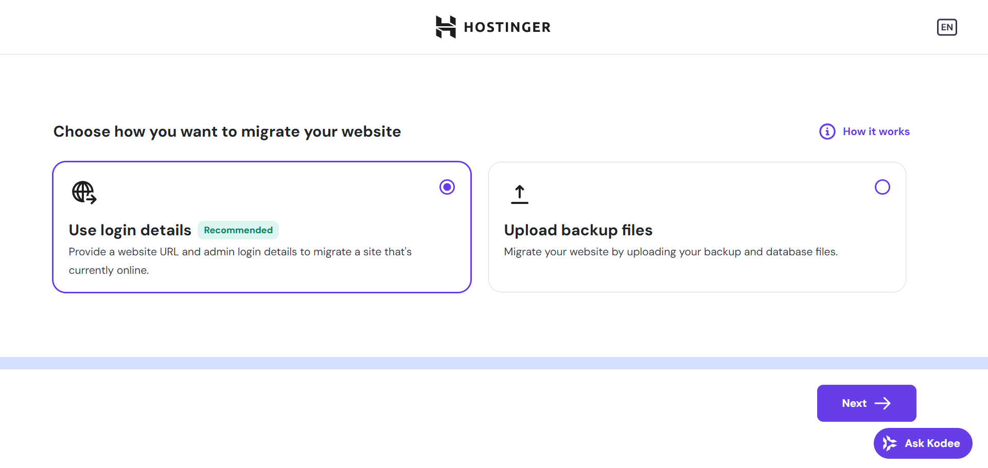 Page de migration Hostinger