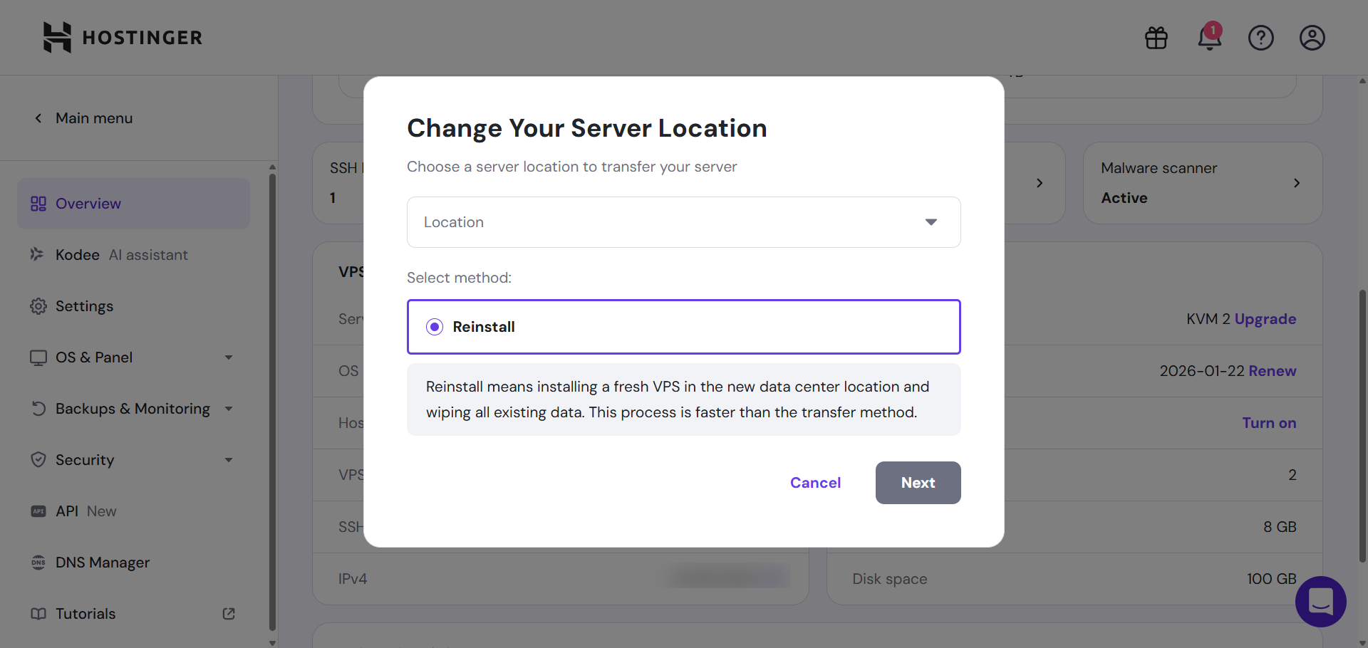 Choix de la localisation du serveur