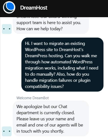 Conversation par chat en direct avec le support de DreamHost