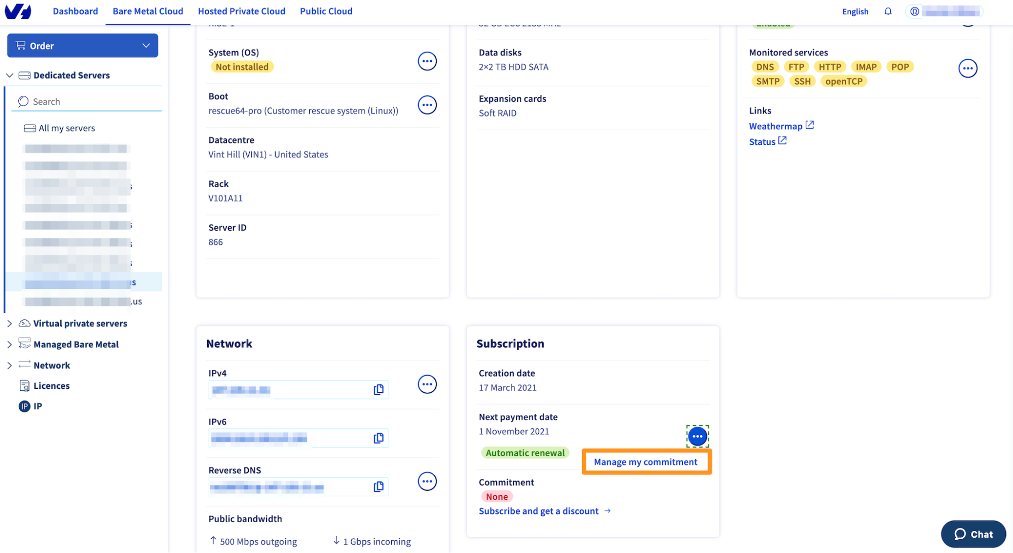 OVHcloud's dashboard