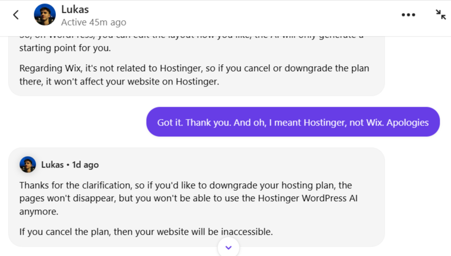 Hostinger Livechat conversation