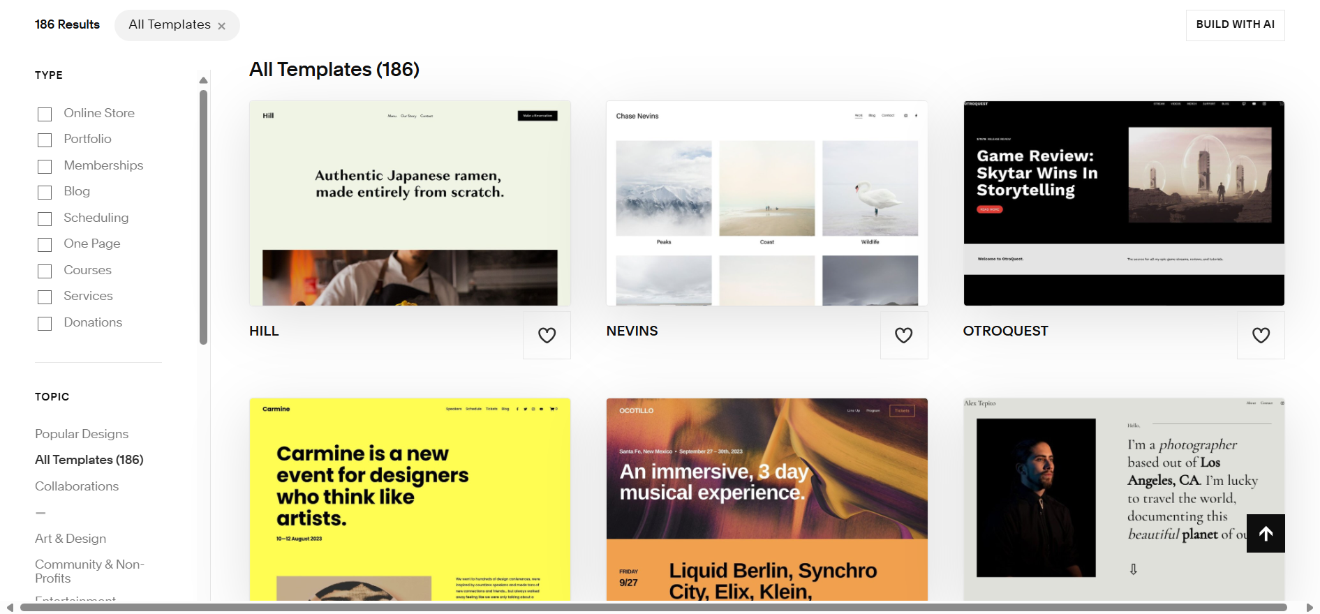 Squarespace All Templates page