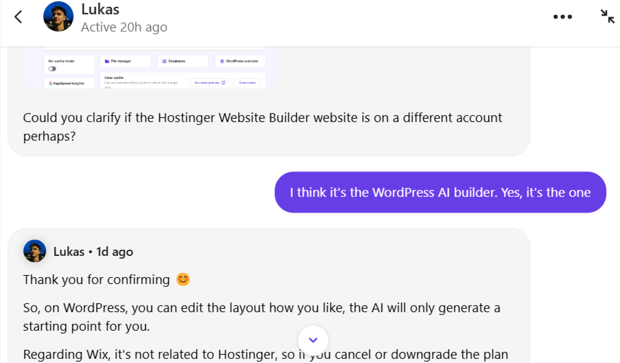 Hostinger livechat conversation