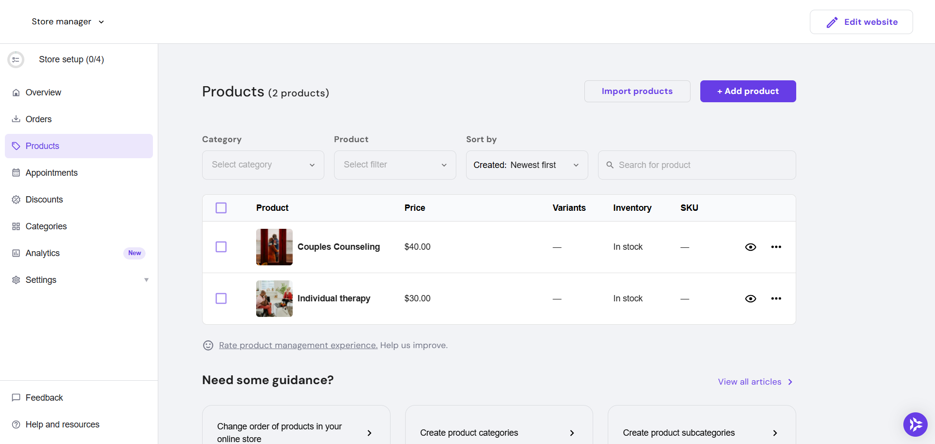 Squarespace Products page