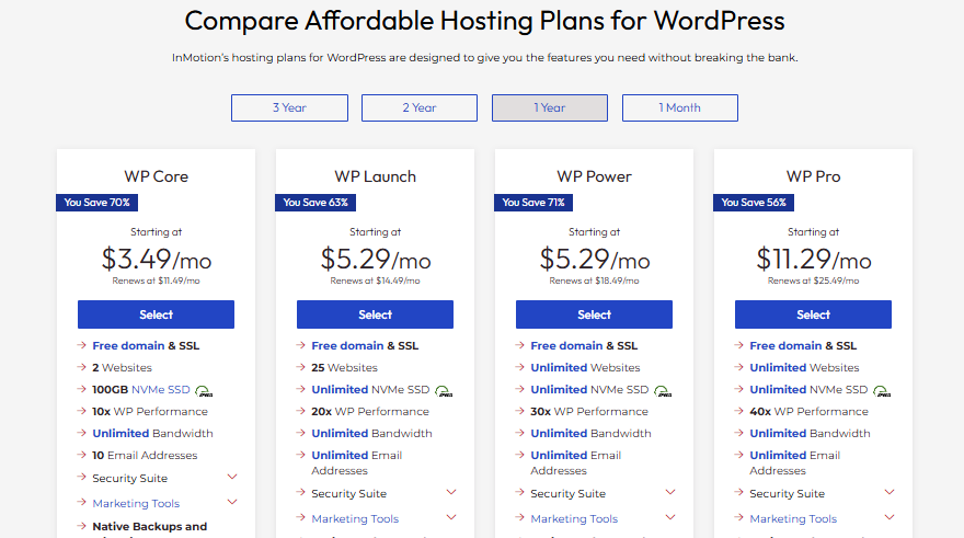 screenshot of WordPress hosting plans