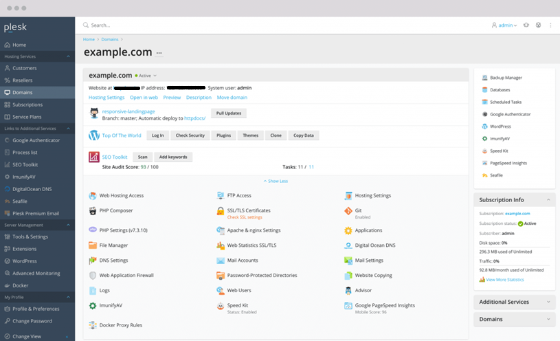 screenshot of Plesk