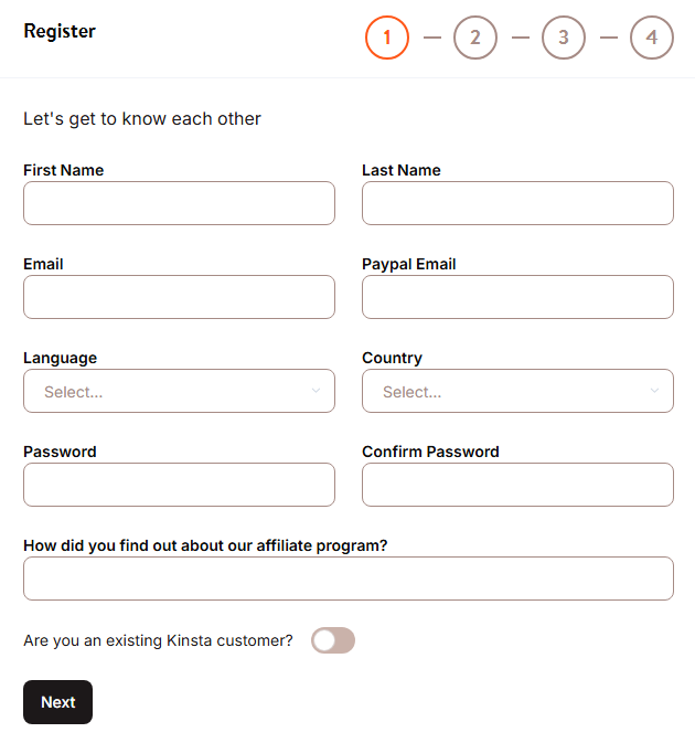 Kinsta signup form step one showing personal details