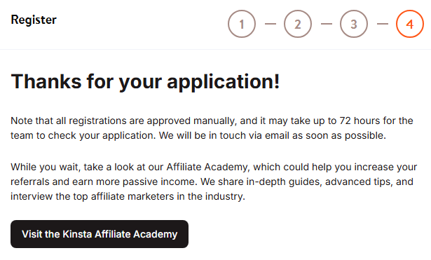 Kinsta affiliate program confirmation page