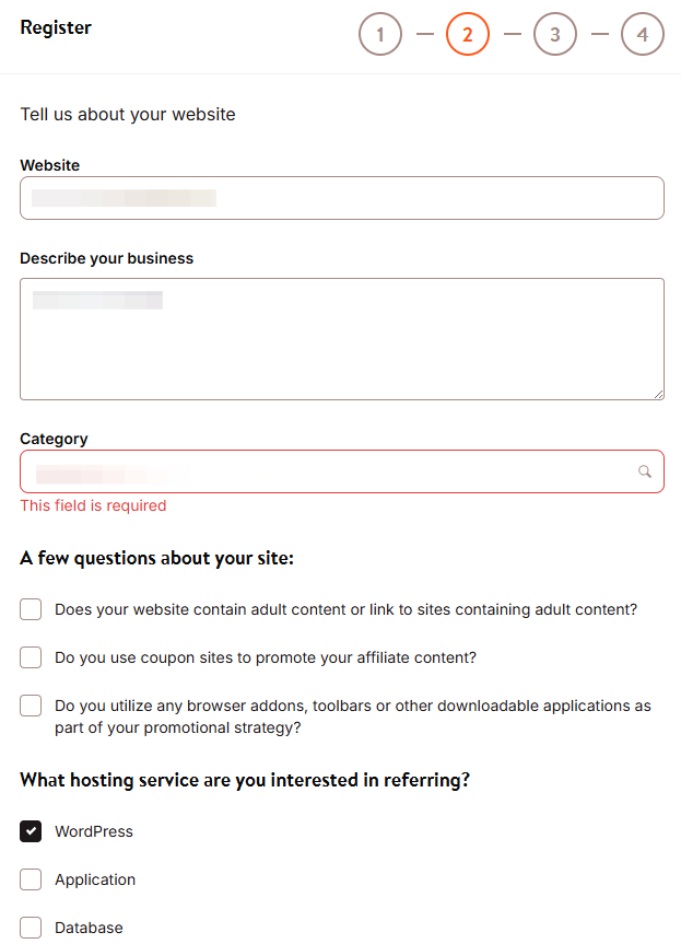 Kinsta signup form step two asking for website details