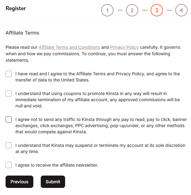 Kinsta affiliate program terms and conditions confirmation