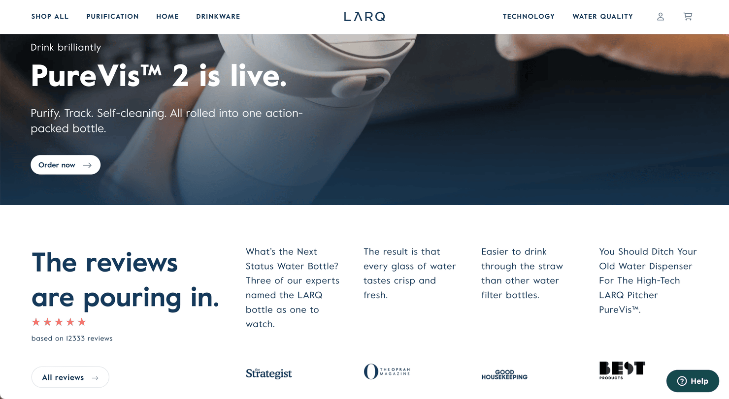 LARQ's homepage with reviews from customers