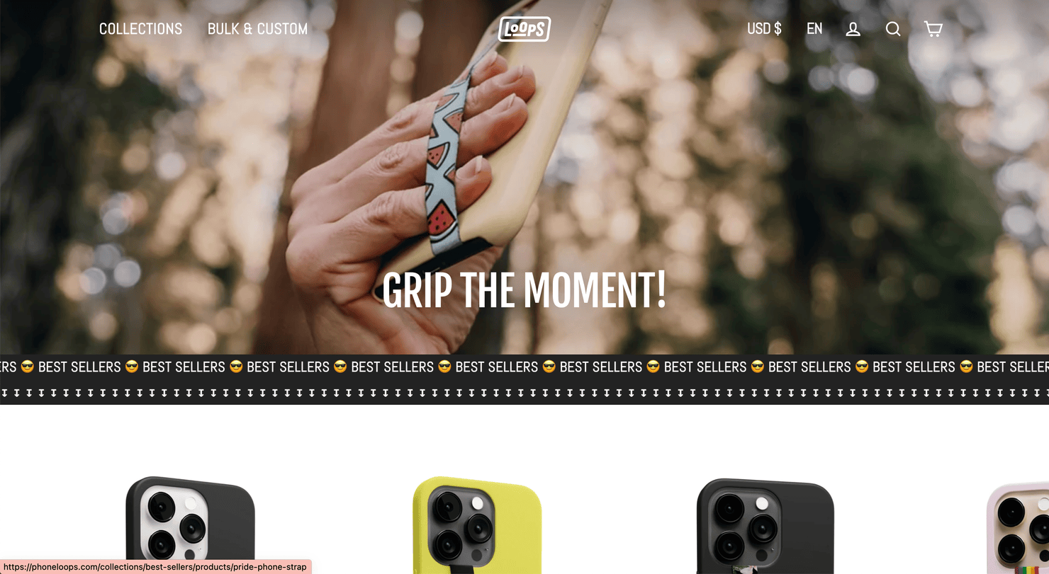 Loops' homepage, an eCommerce store that sells phone straps