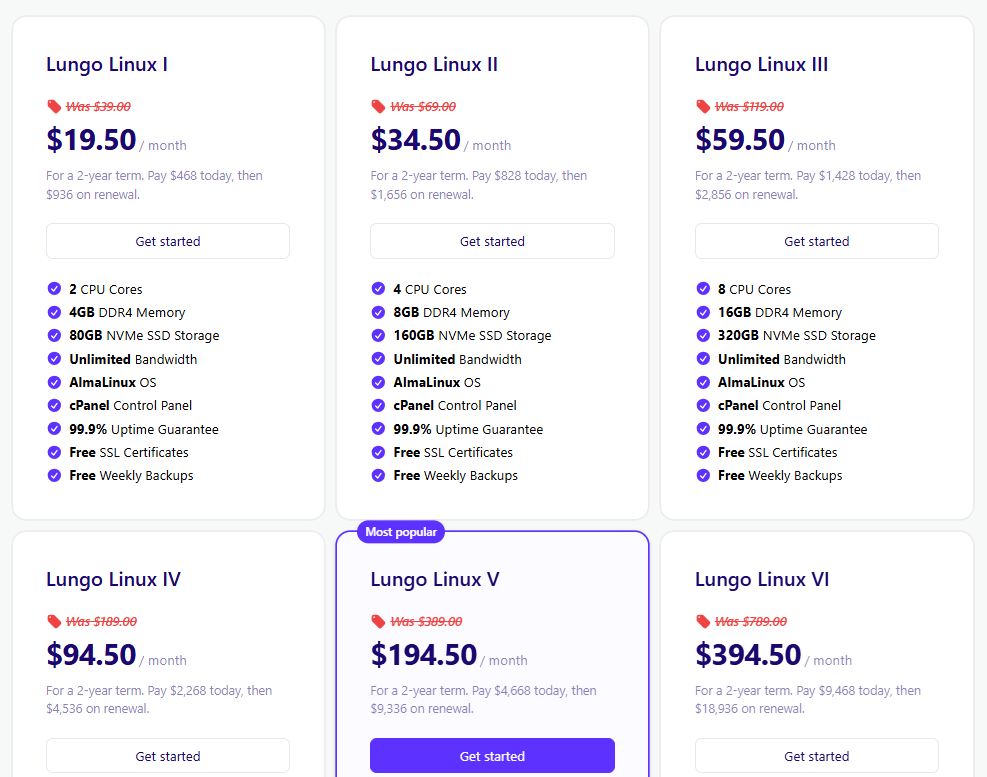 screenshot of Hosting Plans