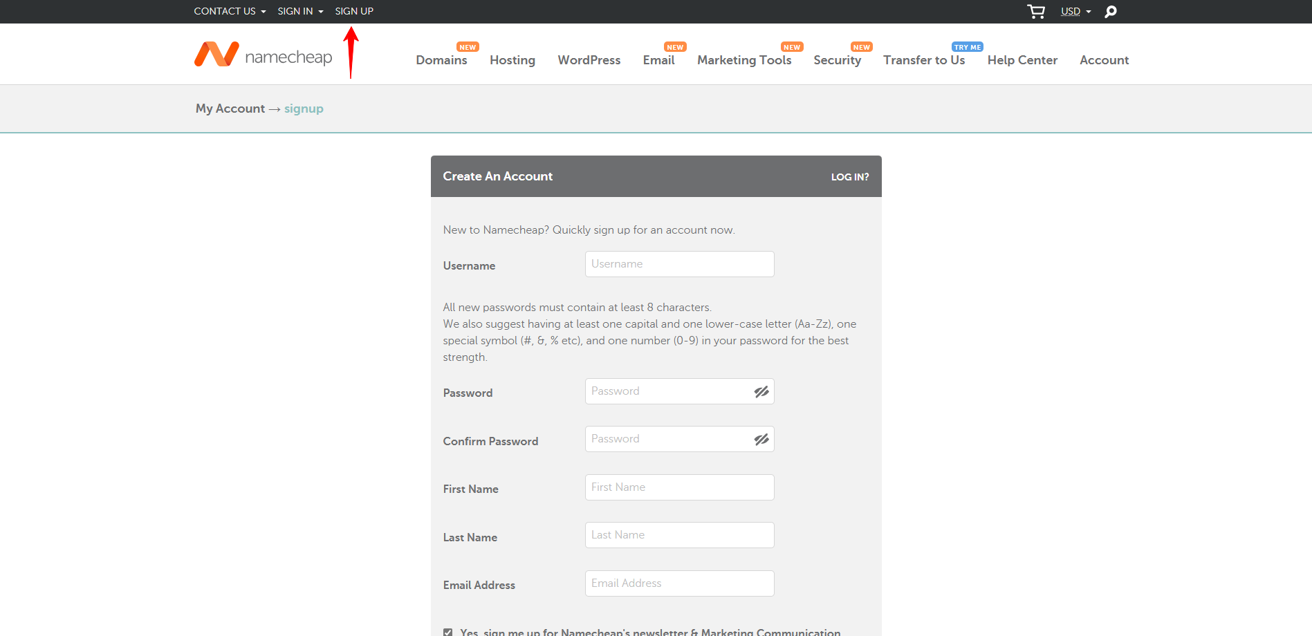 Namecheap signup form