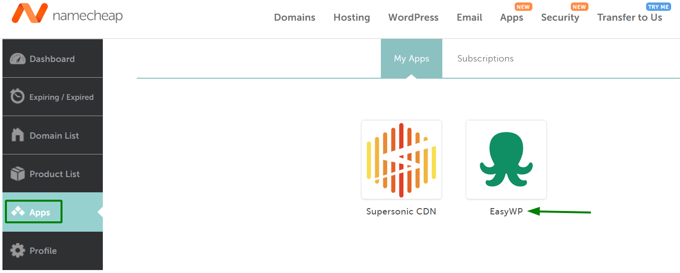 Namecheap Apps tab