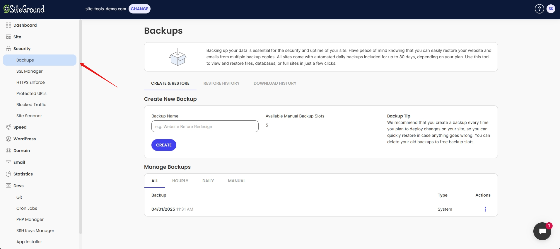 Backups tab