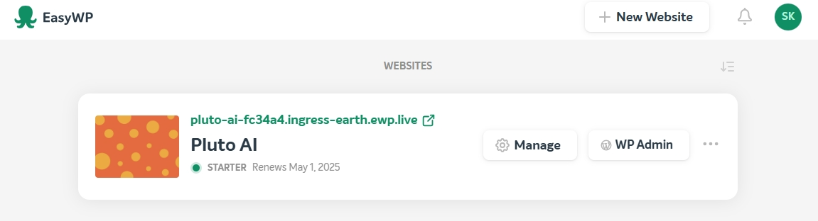 EasyWp Websites page