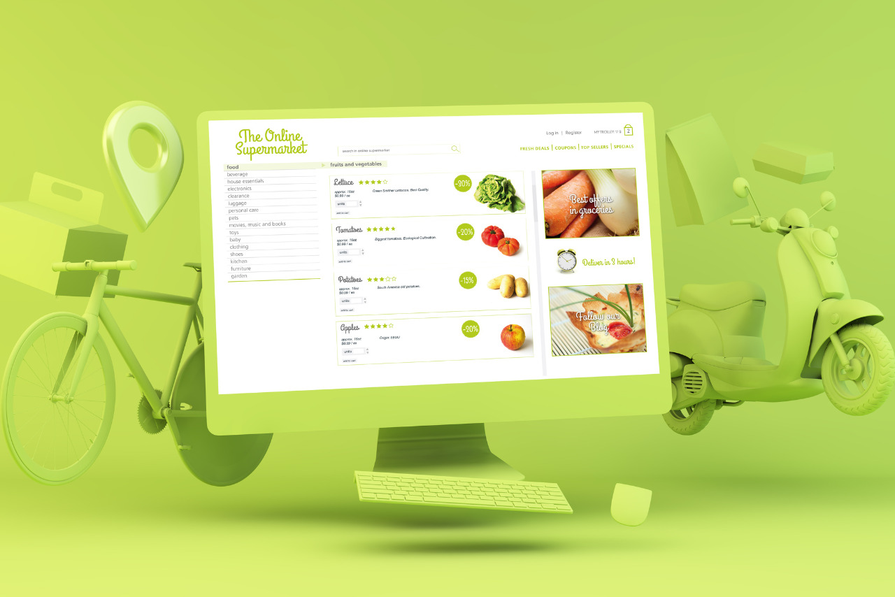Online supermarket delivery order page displayed on green computer screen.