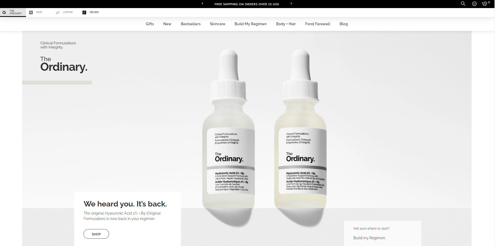Page screenshot of The ordinary's website.