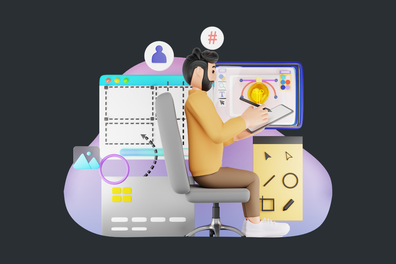 Person buidling website in 3D Character Illustration.