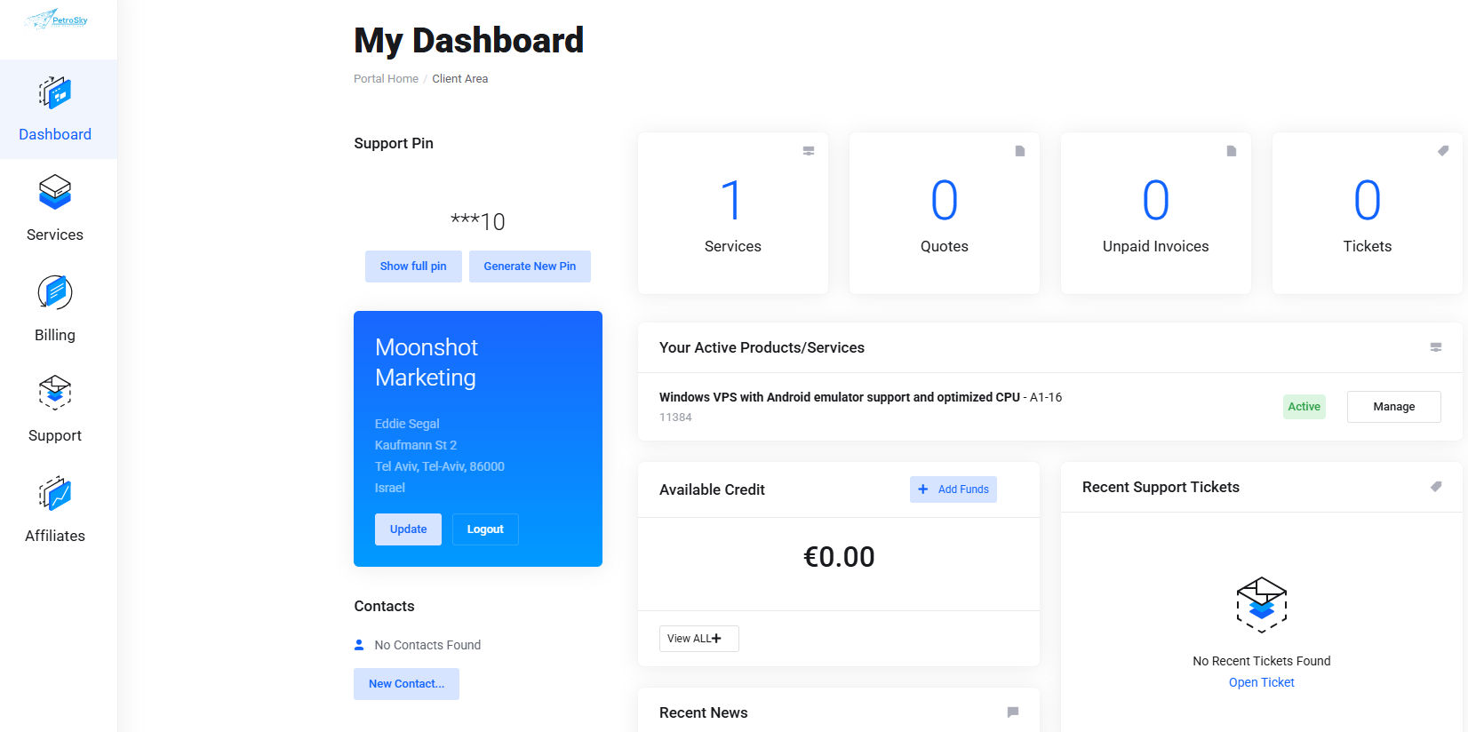 screenshot of the dashboard