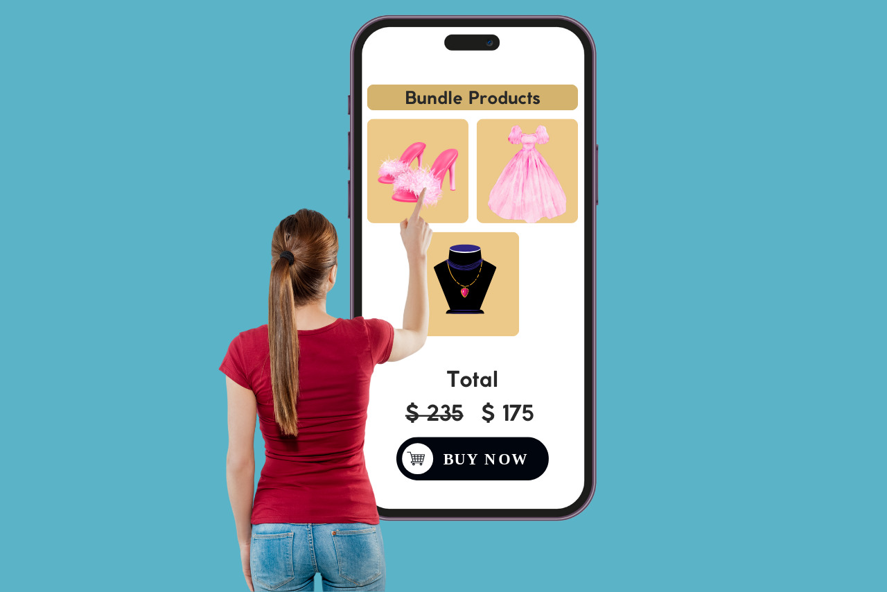 Rear view of a woman selecting items for bundled products from a large smartphone.