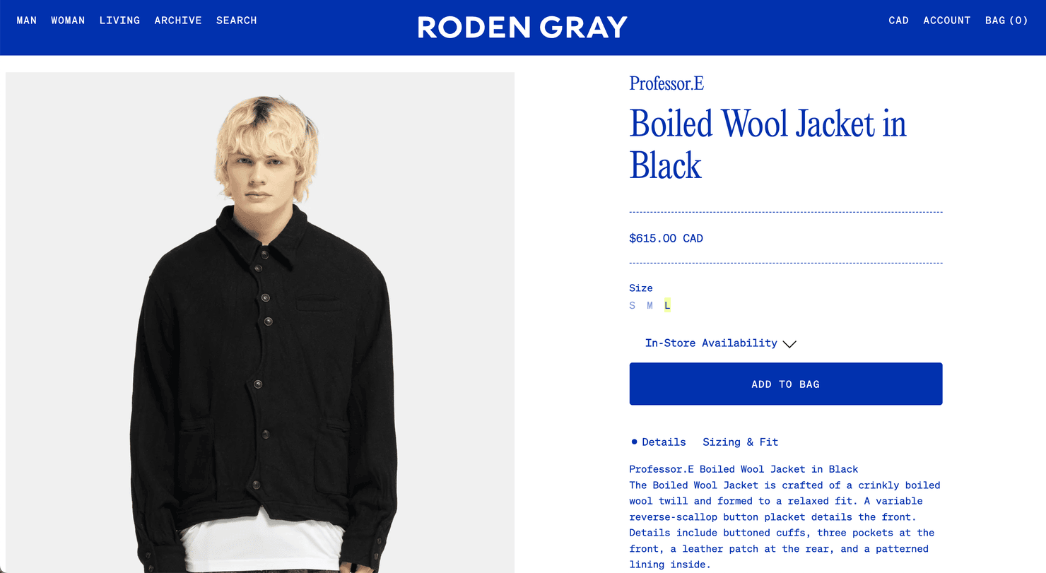 Roden Gray's product page with description and other details