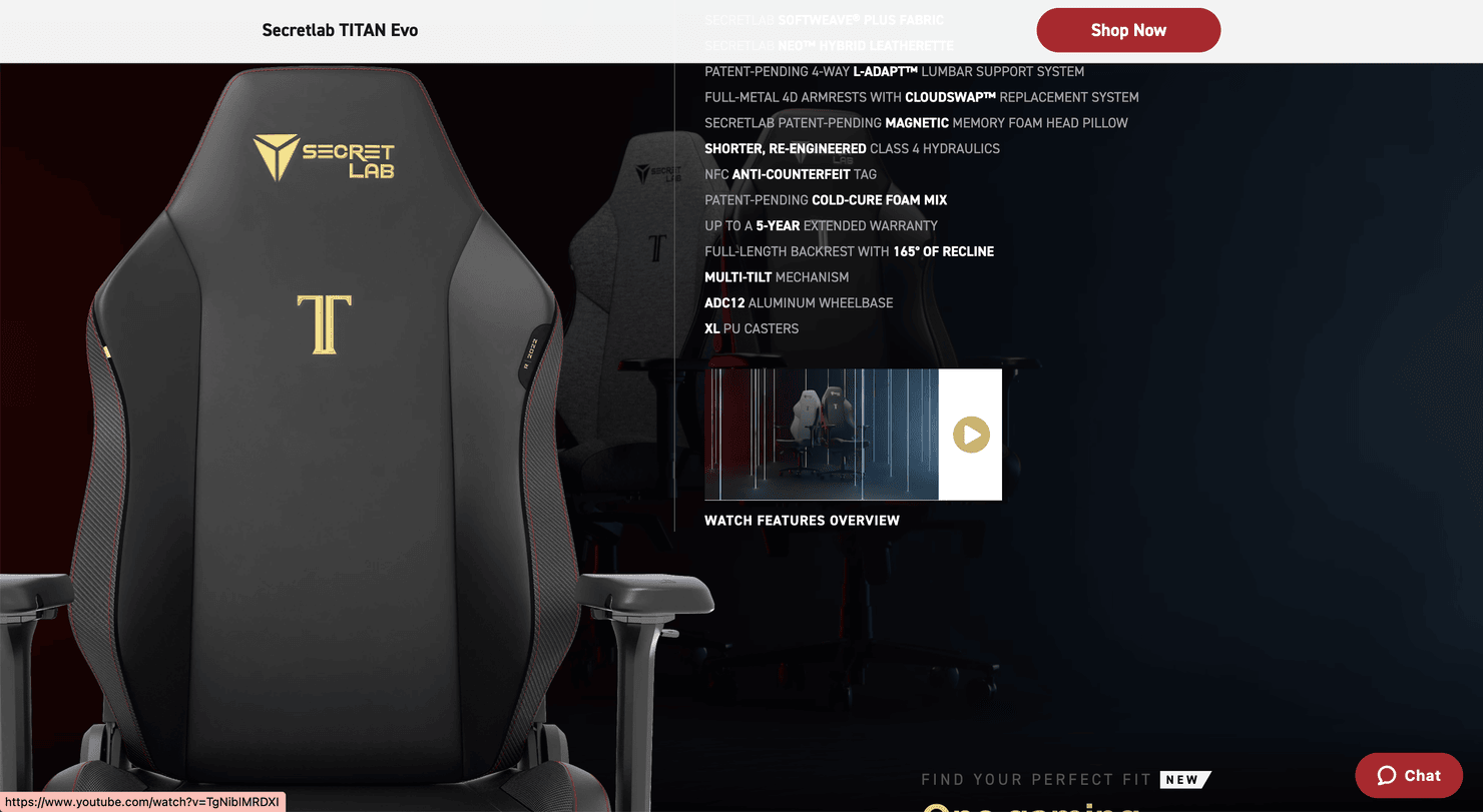 Secretlab's product page with video content