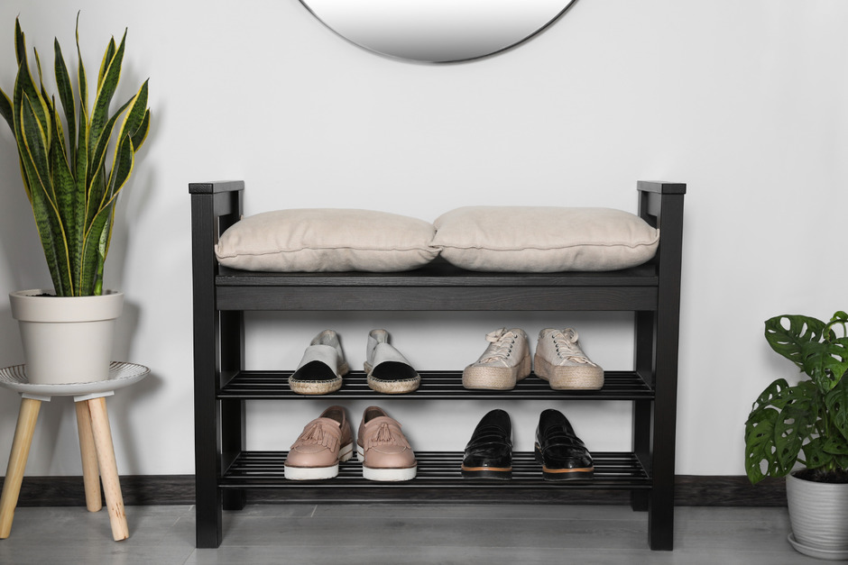 Shoe Storage Bench and Houseplants in Hallway.