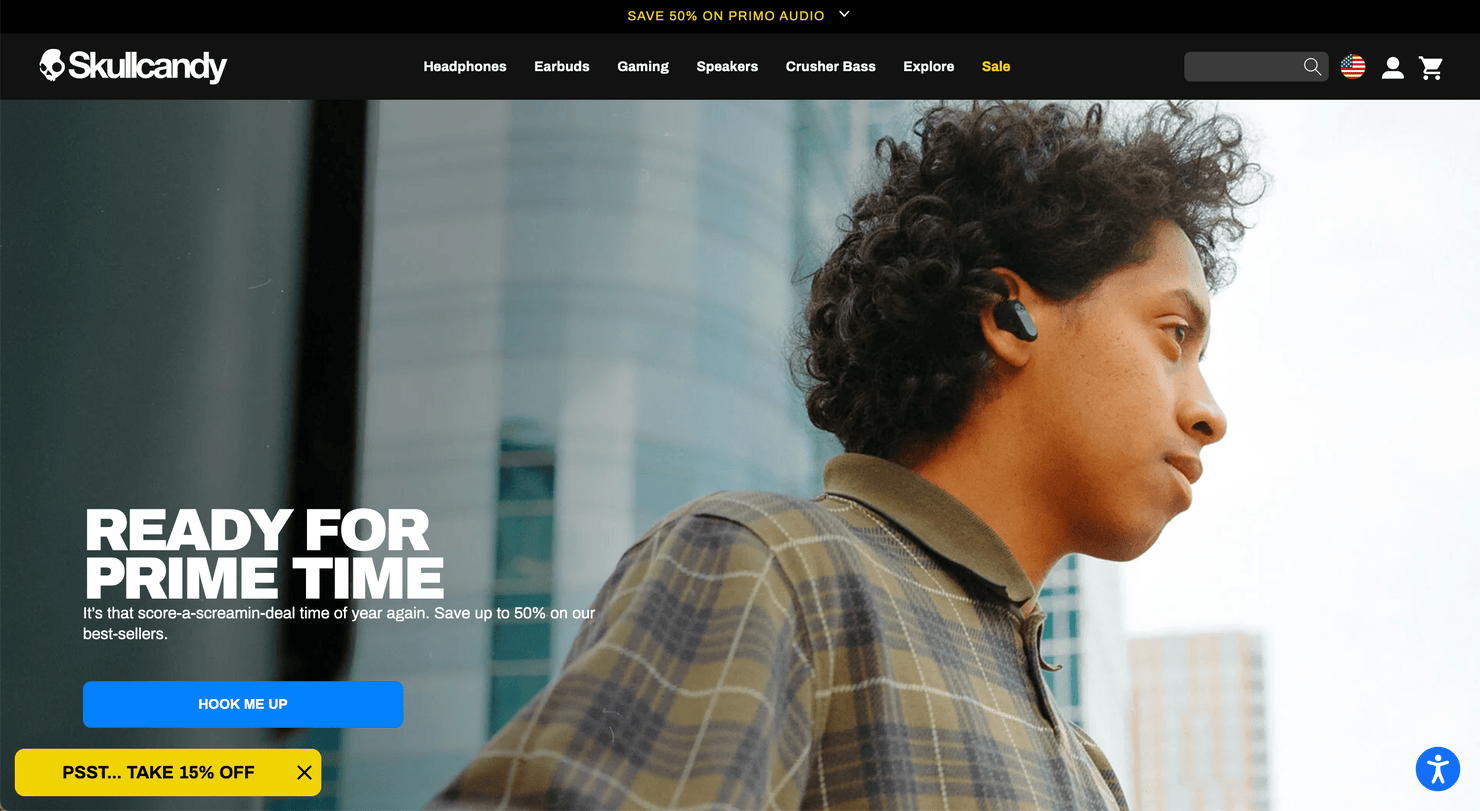 Skullcandy's homepage with prominent CTAs