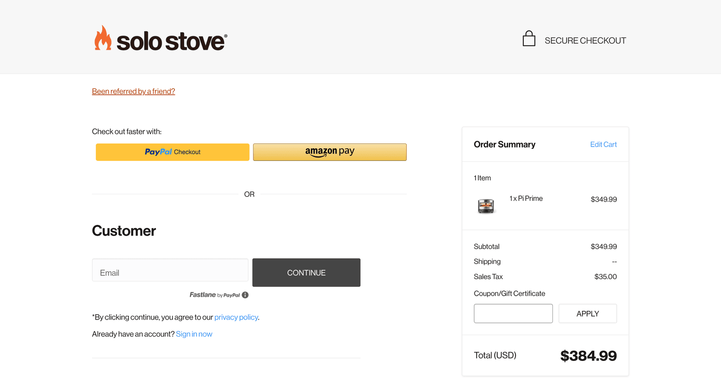 Solo Stove's checkout page with PayPal or AmazonPay for faster checkout