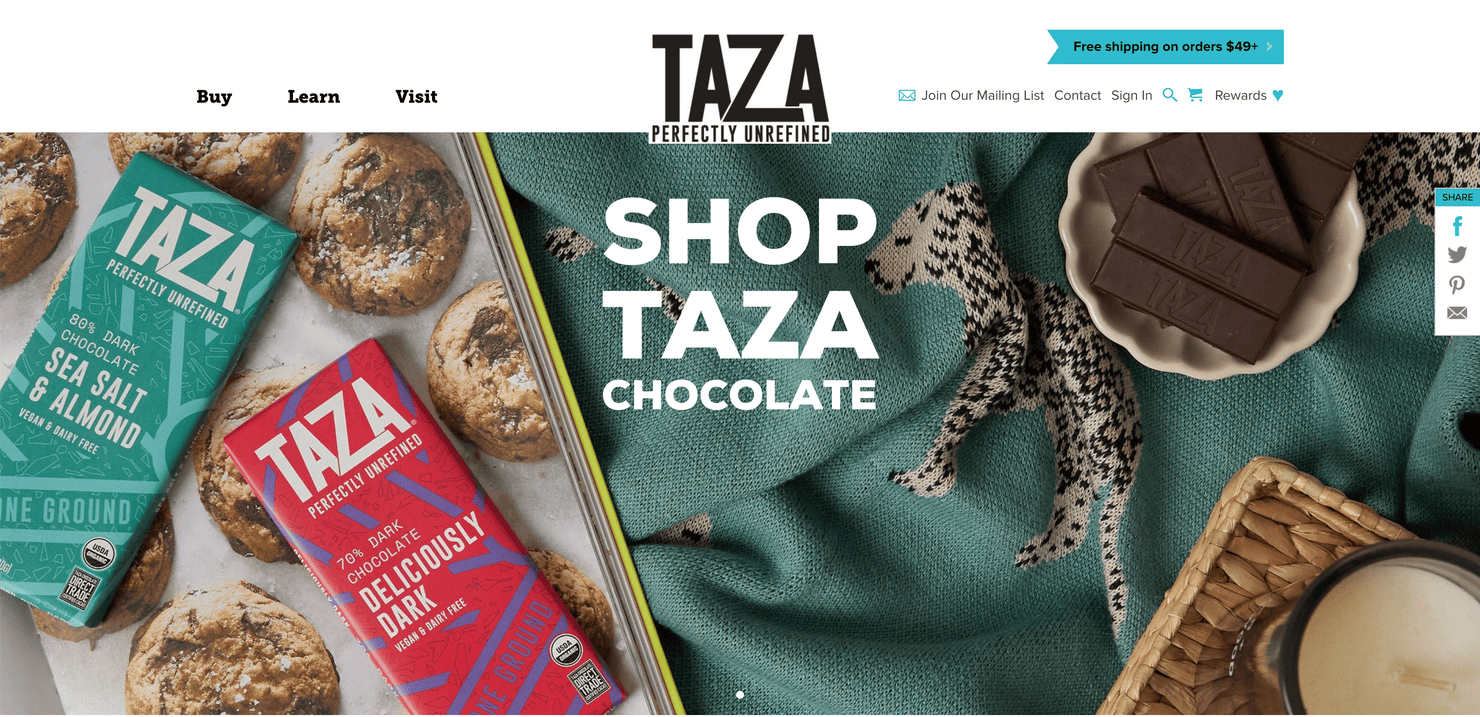 Taza Chocolate's website with Share buttons for social media