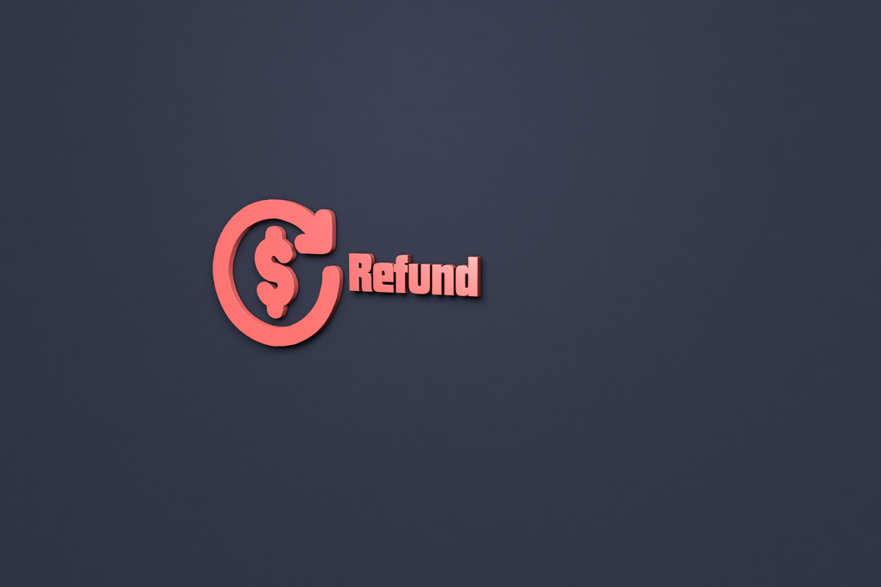 Text refund with red 3D render and dark background.