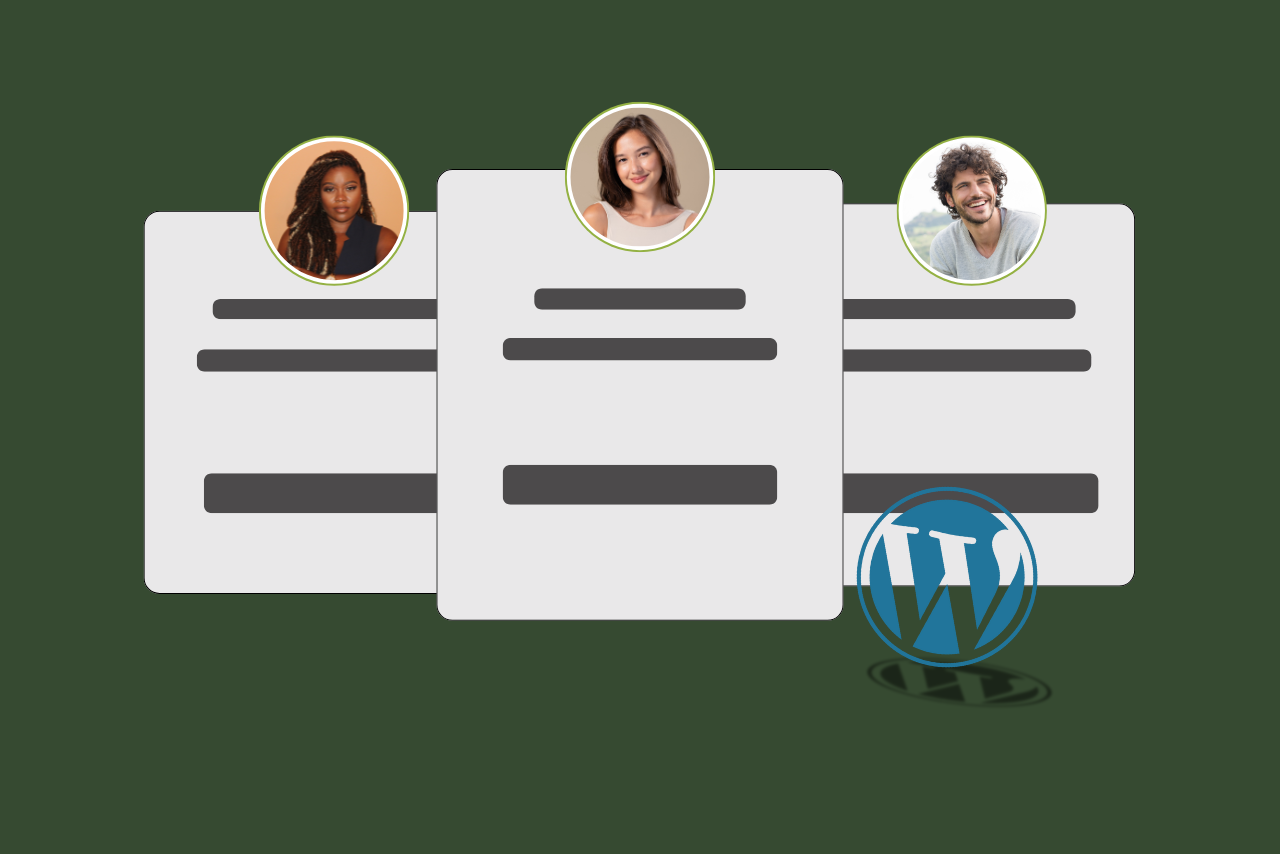 Three membership profiles with WordPress logo.