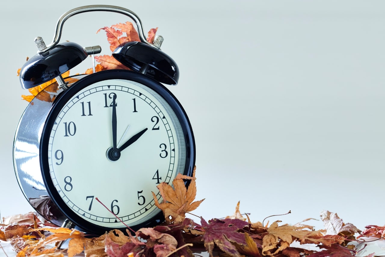 Time concept with alarm clock and autumn leaves.
