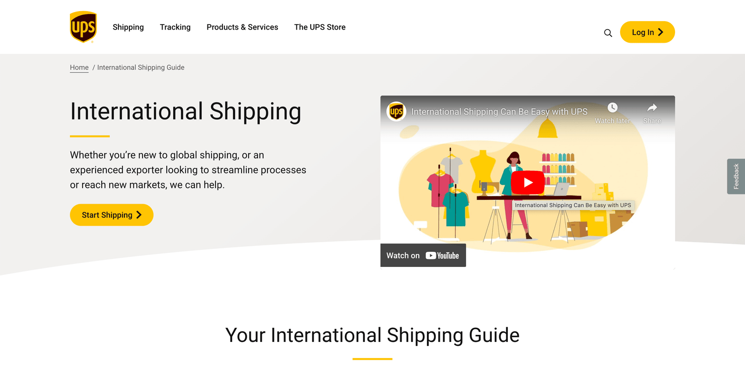 UPS' International Shipping page