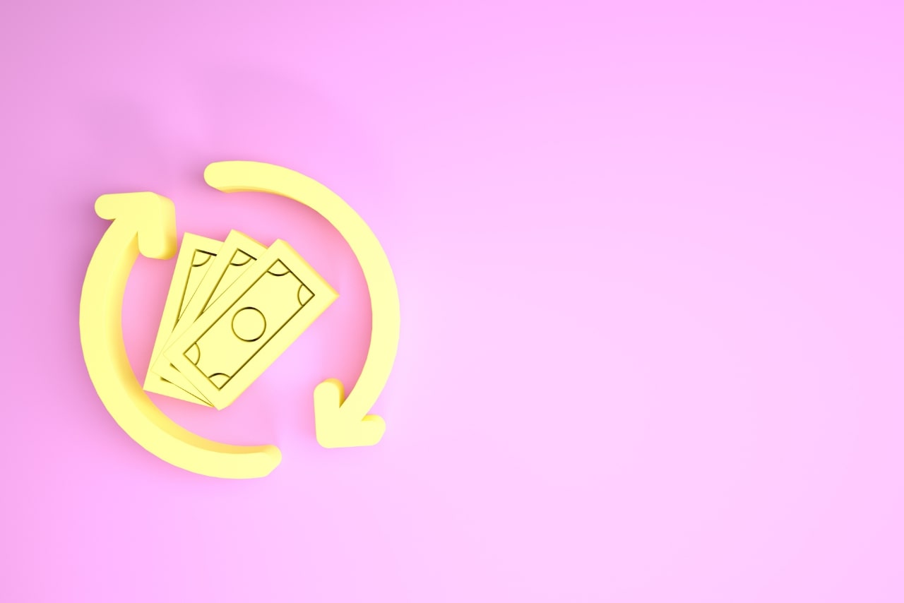 Yellow Refund Money Icon Isolated on Pink Background.