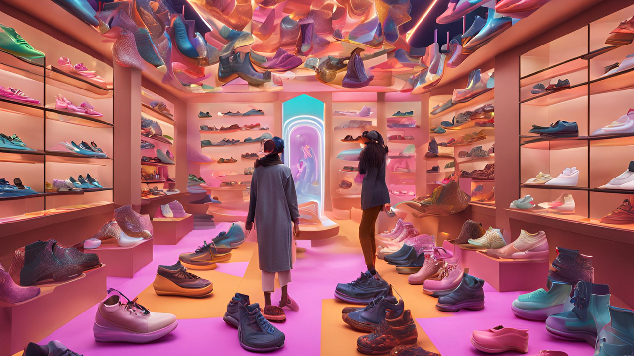 Two people shopping inside a multiverse shoe store.
