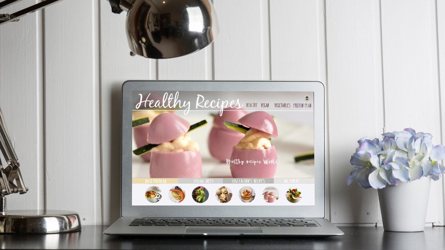 Computer with Healthy Recipes Blog on Screen.