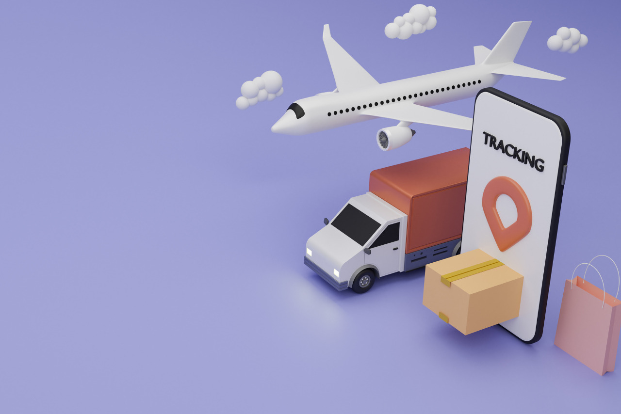 Online delivery service concept with delivery van and air cargo with real-time tracking on phone.